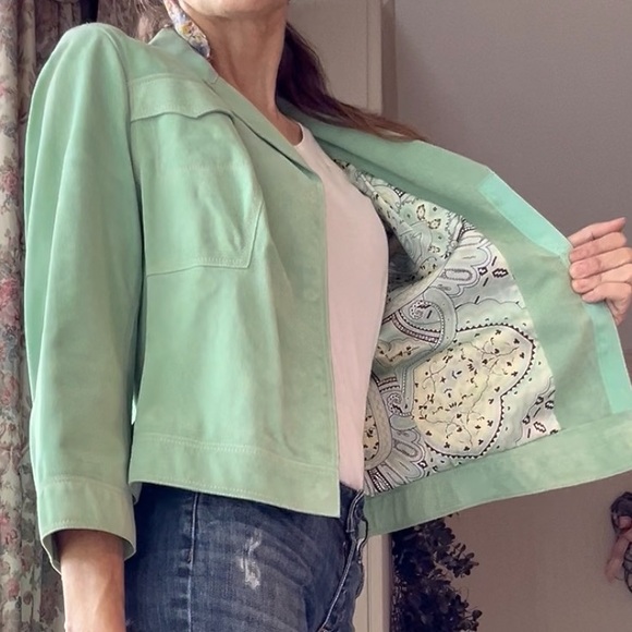 Vintage💚Elie Tahari Suede Mint Green Cropped Jacket. Lining 100% Silk. - Picture 1 of 11
